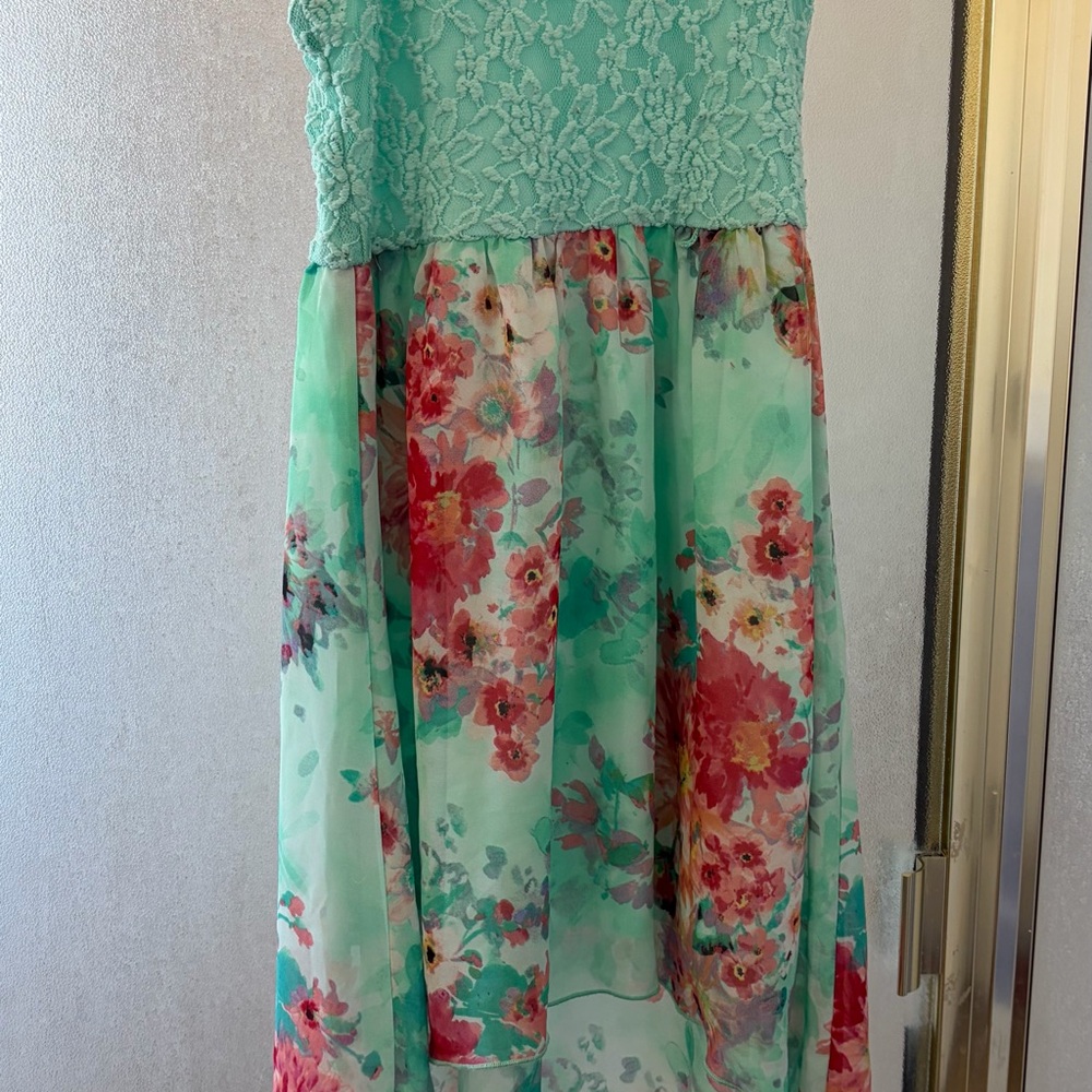 lilt Mint Floral Lace Bodice Dress with Coral Accents